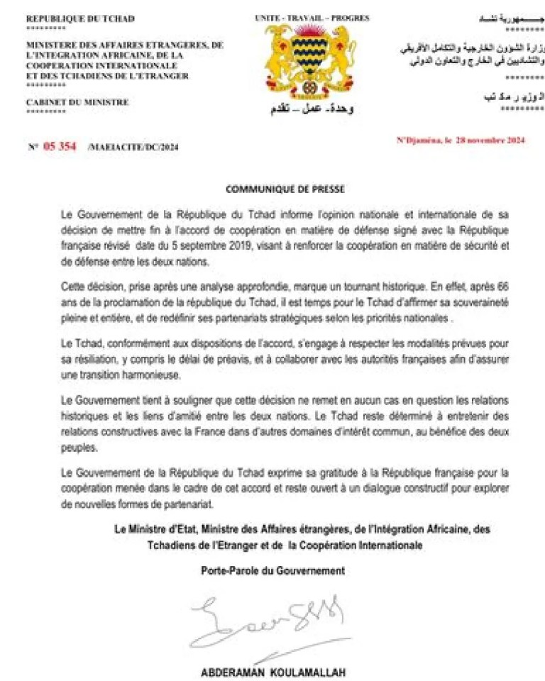 Le Tchad met fin à sa coopération militaire avec la France