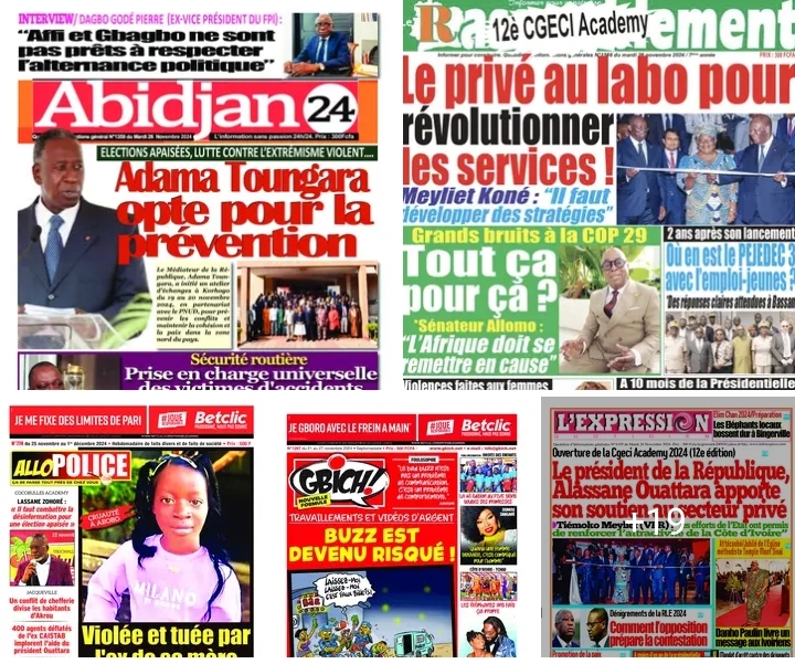 Revue des Titres de Journaux Ivoiriens / Mardi 26 novembre 2024 : " BACONGO CLASH AFFI ".