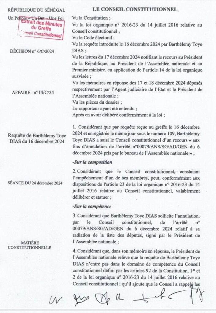 Le Conseil constitutionnel s’est déclaré incompétent de la requête de Barthélemy Diaz qui contestait sa radiation du poste de député