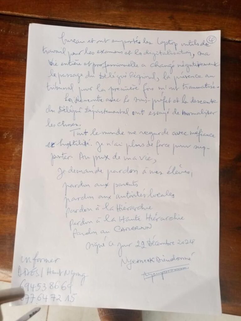 Cameroun: LE PROVISEUR DU LYCÉE DE NGUELEMENDOUGA RETROUVÉ PENDU LAISSANT UNE LETTRE DANS LAQUELLE IL DÉNONCE LE SYSTÈME ÉDUCATIF