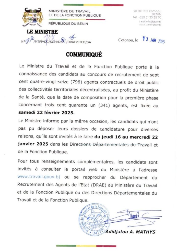 Bénin: date de composition du Recrutement au ministère de la Santé, une dernière chance aux retardataires