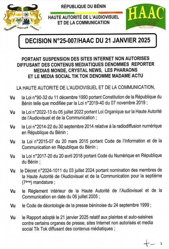 Bénin : suspension de plusieurs médias par la HAAC