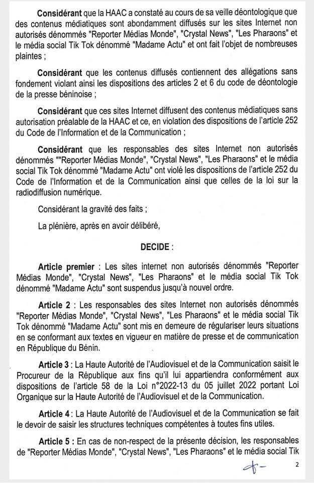 Bénin : suspension de plusieurs médias par la HAAC