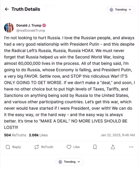 Trump appelle à la paix : un message au peuple russe et à Poutine