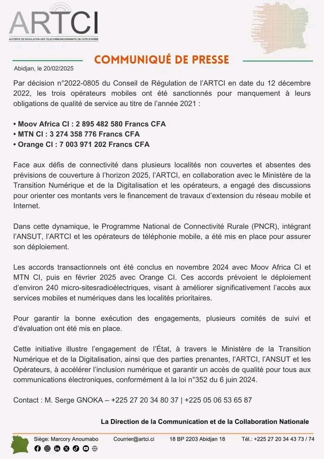 Côte d'Ivoire / Réseaux Mobiles : L’ARTCI annonce des mesures