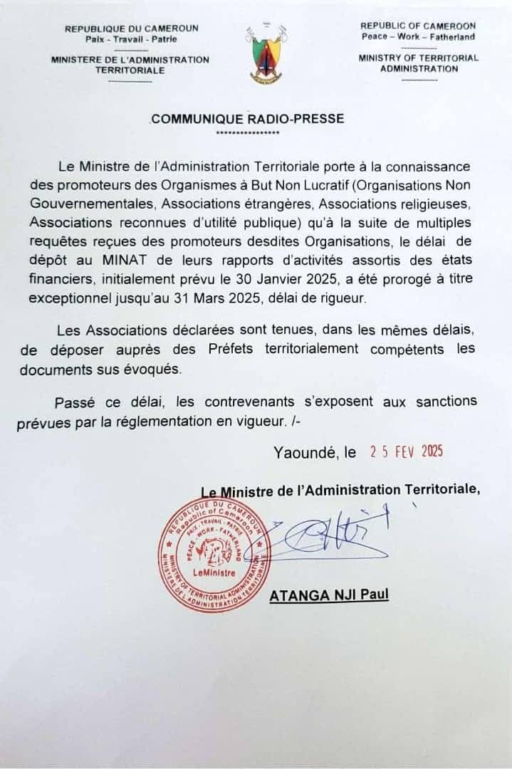 Cameroun/ Rapport des activités: le sursis du Minatd aux Ong et associations