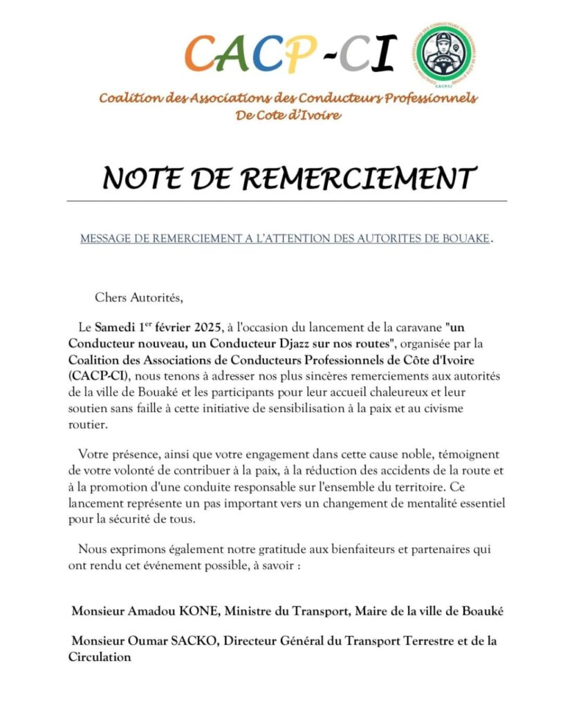 Côte d'Ivoire / Caravane "Un Conducteur Nouveau, Un Conducteur Djazz" : La CACPCI remercie les partis prenante