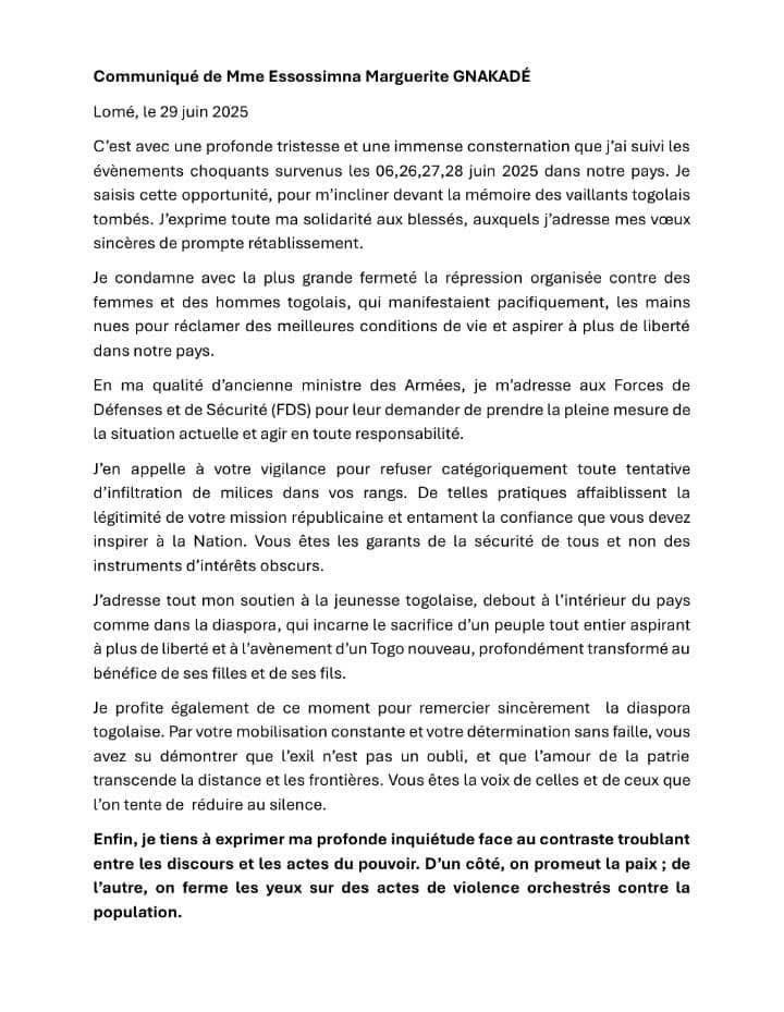 TOGO : Essossimna Marguerite GNAKADÉ sort du silence : “Il est inadmissible que notre sécurité soit ainsi compromise.”