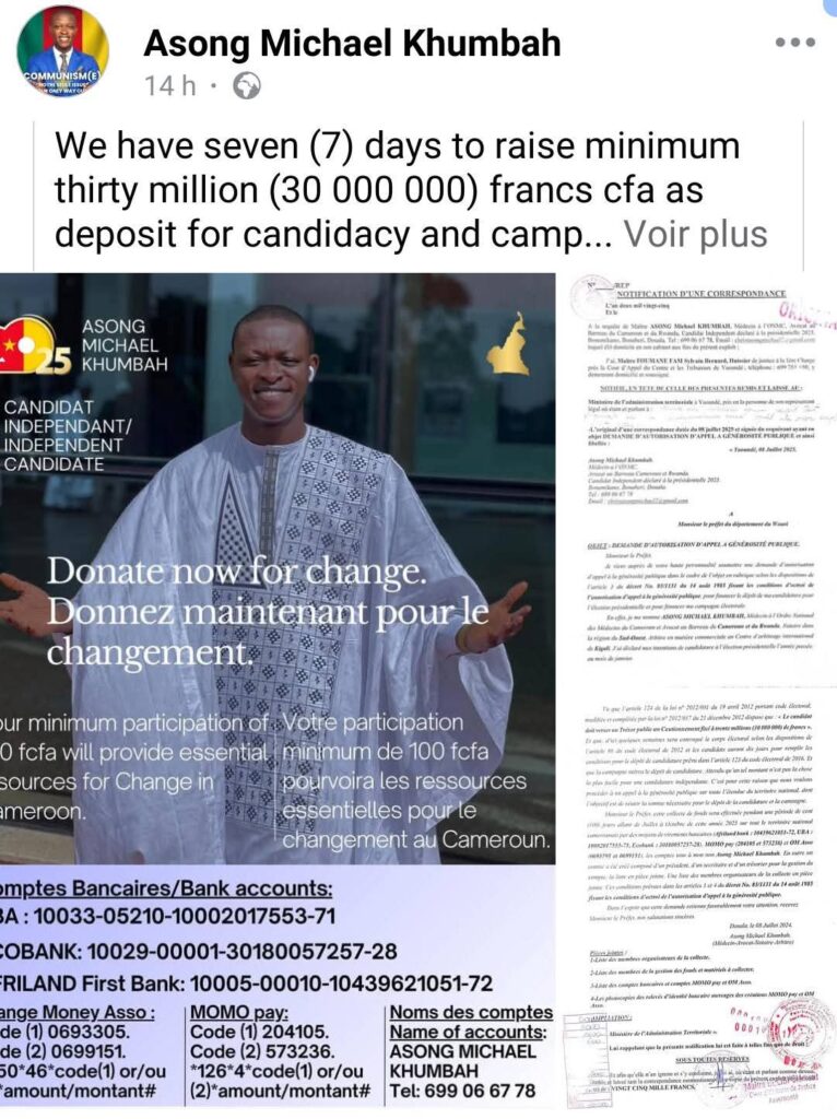 Cameroun – Présidentielle 2025 : Asong Michael Khumbah appelle la jeunesse à financer sa candidature à hauteur de 30 millions FCFA