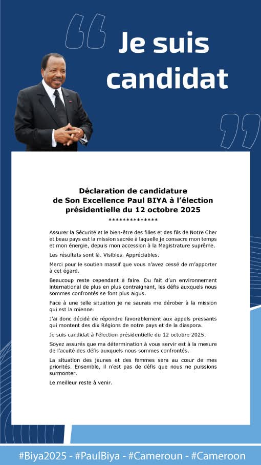 Cameroun : Paul Biya officiellement candidat à l’élection présidentielle d’octobre 2025