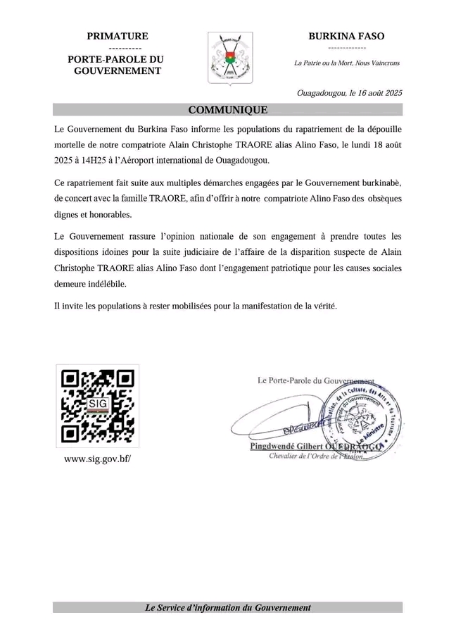 Alino Faso: rapatriement de la dépouille mortelle ce lundi 18 août 2025