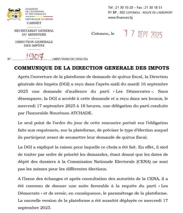Bénin / Politique: La DGI revoit sa plateforme de demande de quitus fiscal après une requête du parti Les Démocrates
