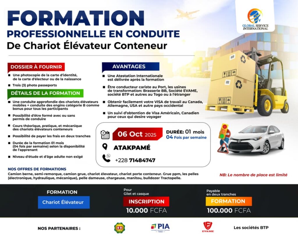 Atakpamé : Une formation en conduite de chariots élévateurs, tremplin contre le chômage des jeunes