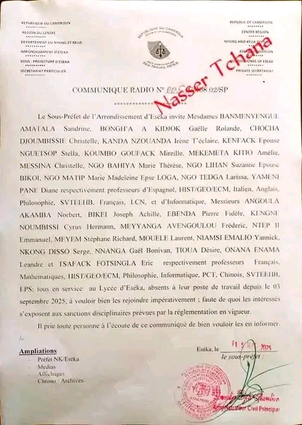 Cameroun : Bulletin d’informations du 17 septembre 2025