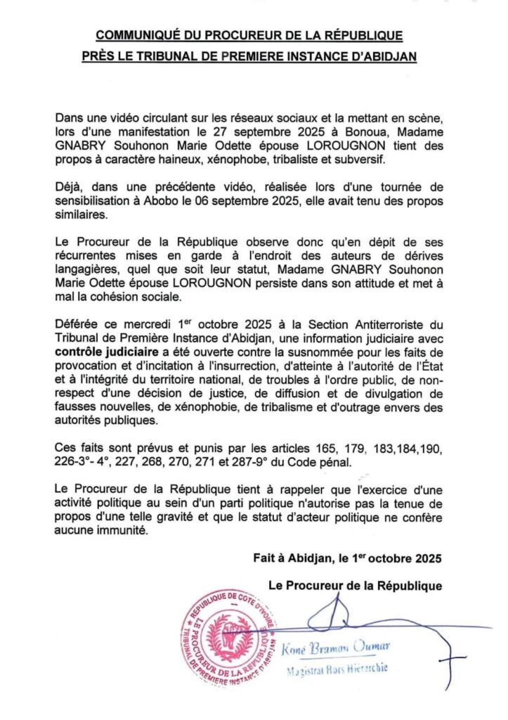 Abidjan : la justice ivoirienne ouvre une procédure contre Marie Odette Gnabry Souhonon épouse Lorougnon