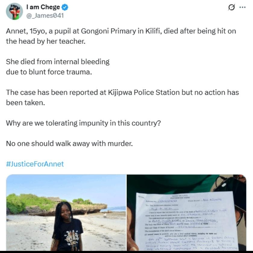 🇰🇪 KENYA : Une élève de 15 ans meurt après avoir été frappée par son enseignant à Kilifi County