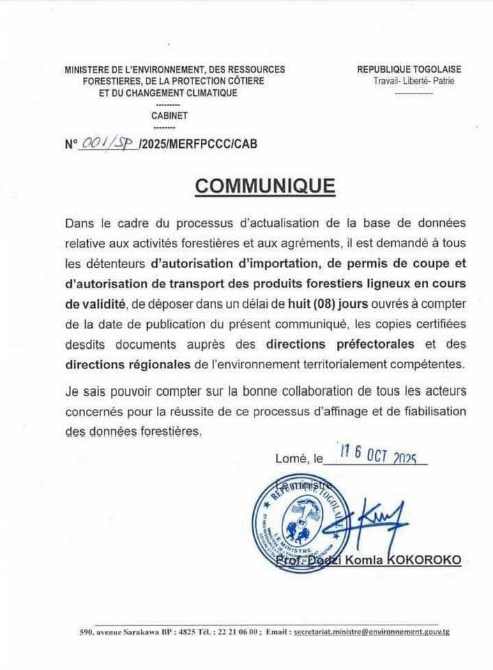 Togo – Le ministère de l’Environnement exige la mise à jour des autorisations forestières