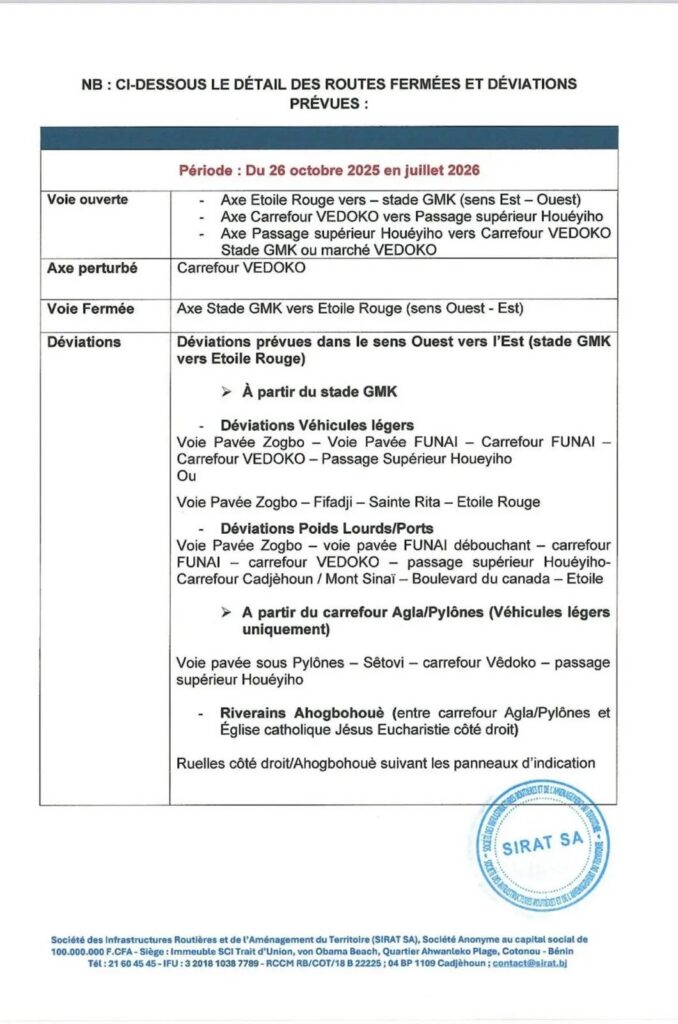 Bénin – Construction de l’échangeur de Vêdoko : circulation perturbée, plusieurs axes fermés dès le 26 octobre