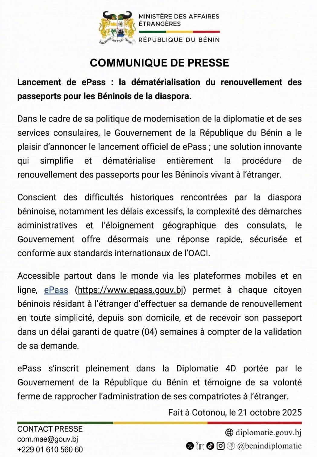 🇧🇯 ePass : le Bénin digitalise le passeport pour sa diaspora mondiale
