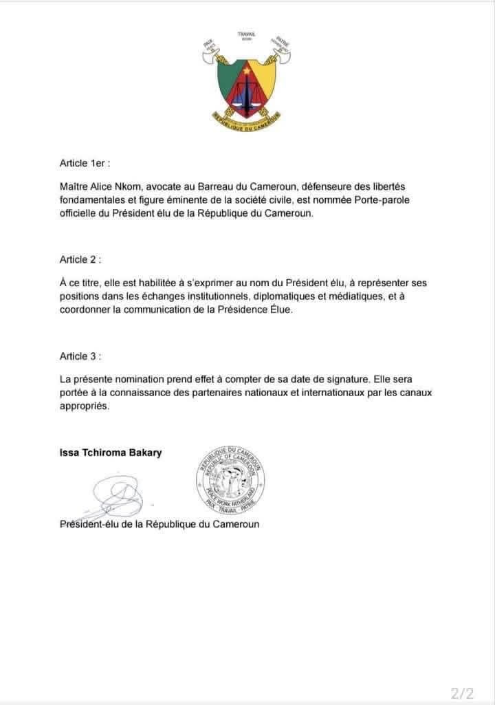 Politique camerounaise : Issa Tchiroma nomme Maître Alice Nkom comme porte-parole de sa présidence autoproclamée
