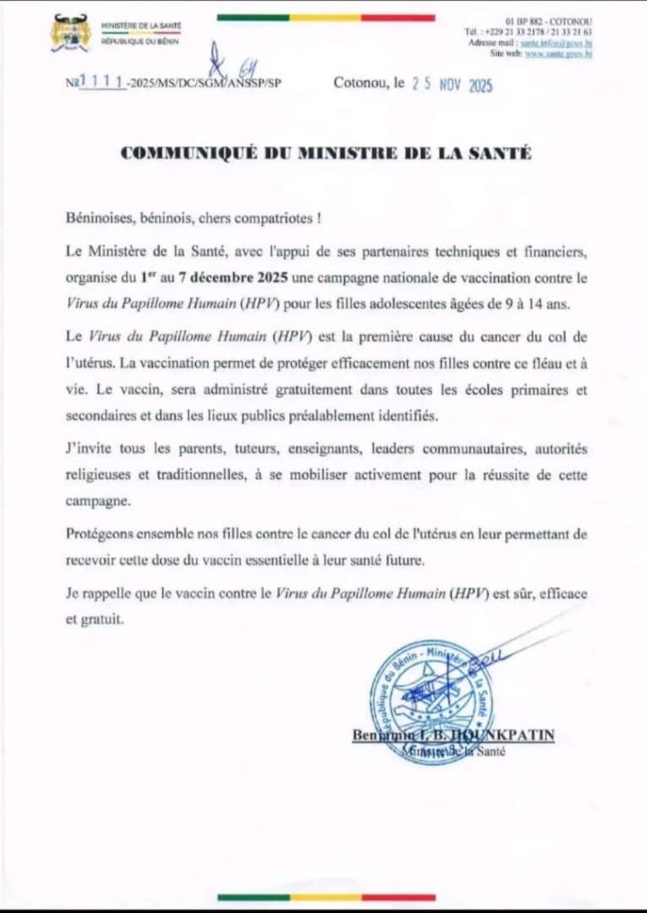 Bénin / Santé: Le gouvernement lance une campagne nationale de vaccination contre le HPV