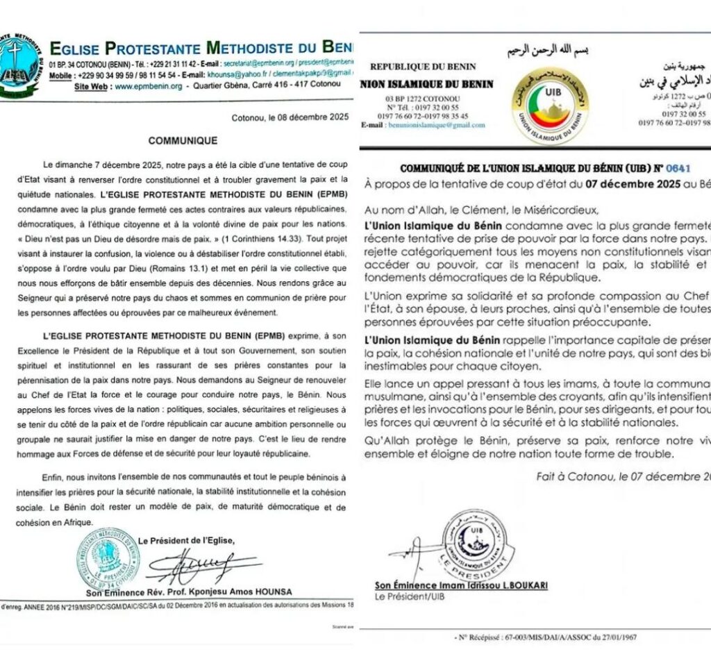 Bénin / Coup d'État : L’Église Protestante Méthodiste et l’Union Islamique condamnent la tentative de déstabilisation