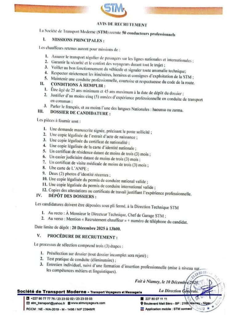EMPLOI / NIGER : LA STM RECRUTE 50 CHAUFFEURS PROFESSIONNELS