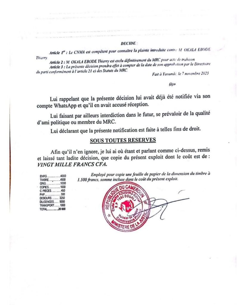 CAMEROUN : LE MRC TRANCHE, L’HEURE DES EXCLUSIONS A SONNÉ