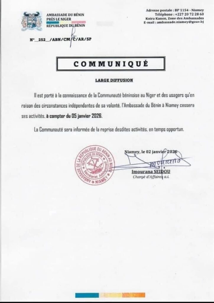Diplomatie : L'Ambassade du Bénin à Niamey annonce la cessation de ses activités