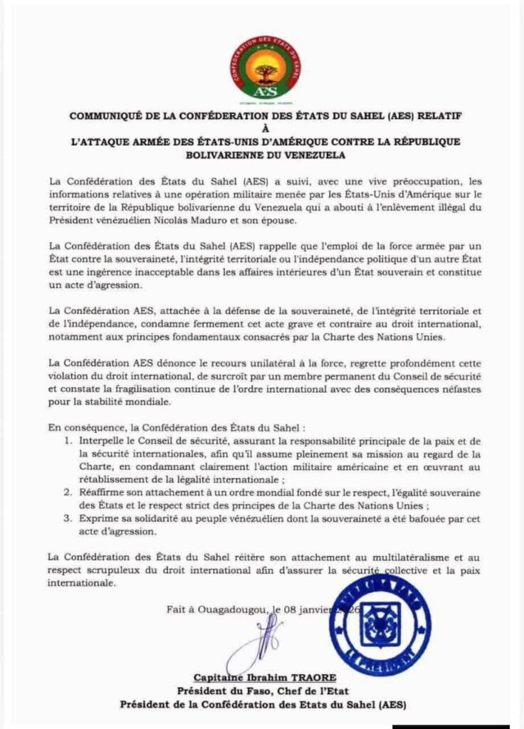 Violation du droit international : l’AES dénonce l’enlèvement du Président Maduro par Washington