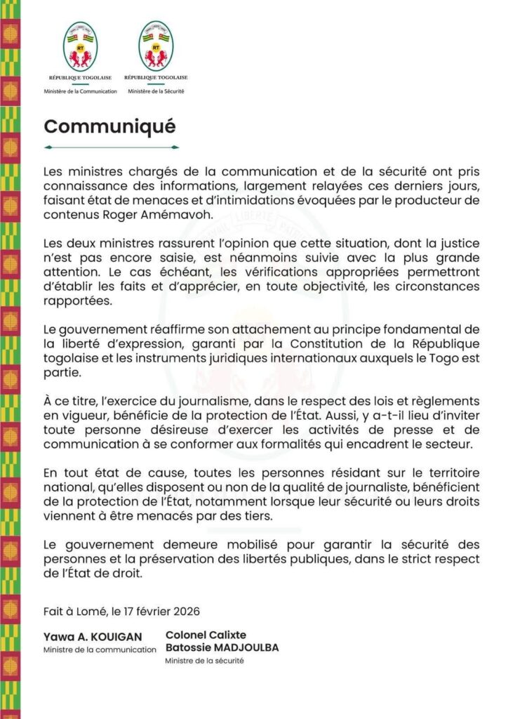TOGO – Menaces contre Roger Amémavoh : le gouvernement sort du silence