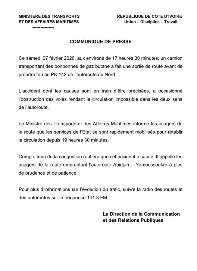 Côte d'Ivoire / Collision mortelle avec un camion de gaz sur l’axe N’zianouan : un décès et plusieurs blessés