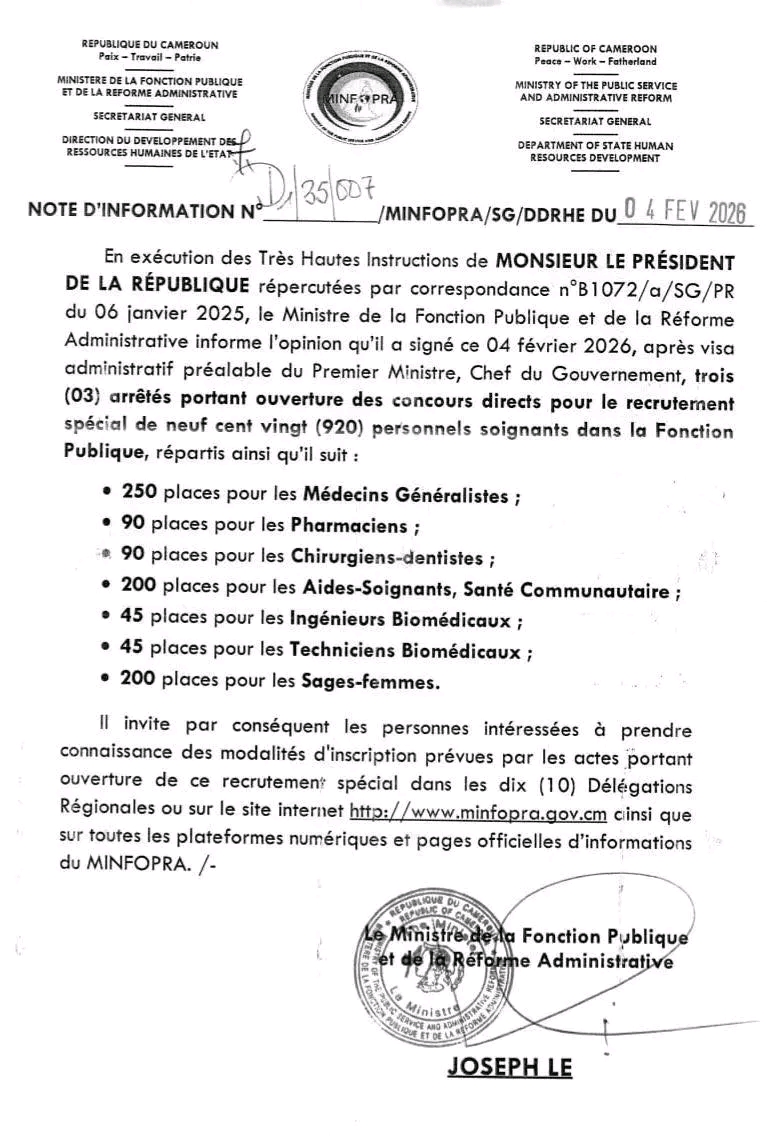 Cameroun / Fonction publique : Recrutement spécial de 920 personnels soignants