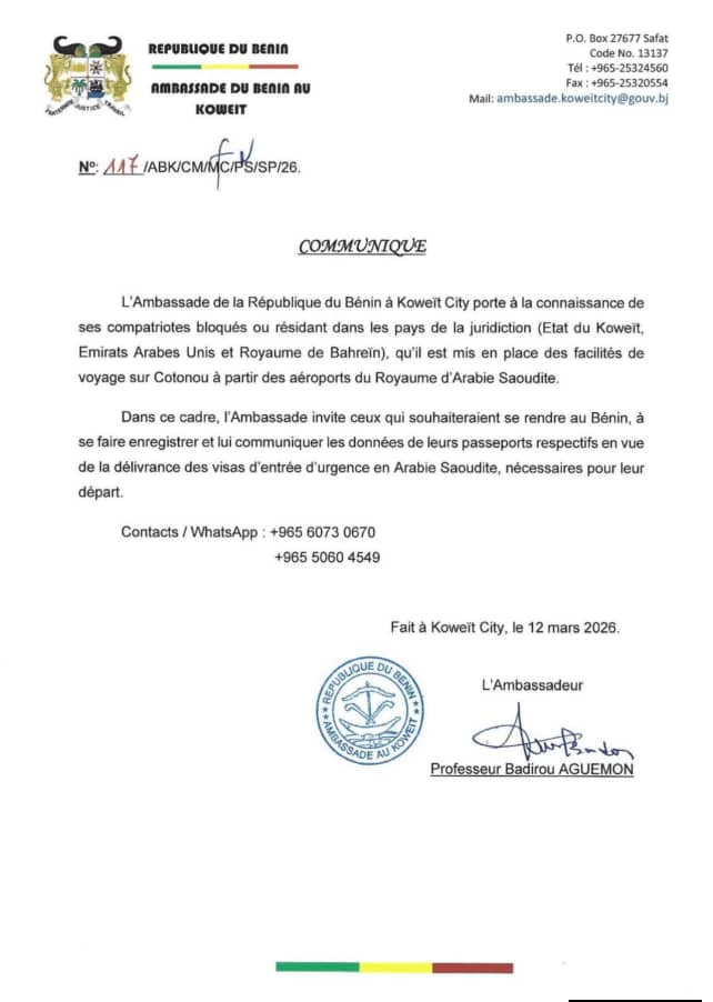 ‎International / Coopération Bénin - Koweït : L'Ambassade Béninois lance un appel urgent à ses ressortissants