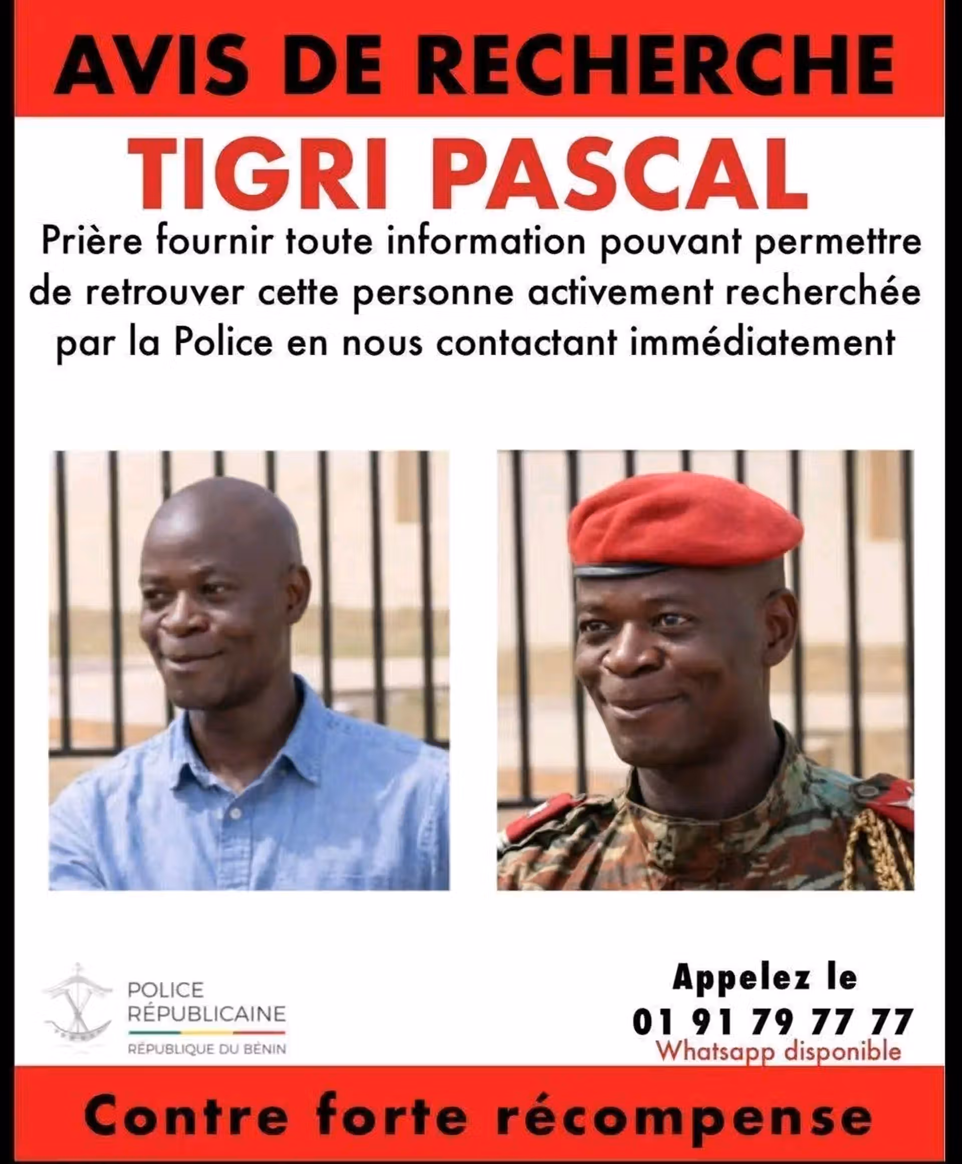 Bénin : avis de recherche après la tentative de coup d’État du 7 décembre, 20 millions FCFA de récompense.