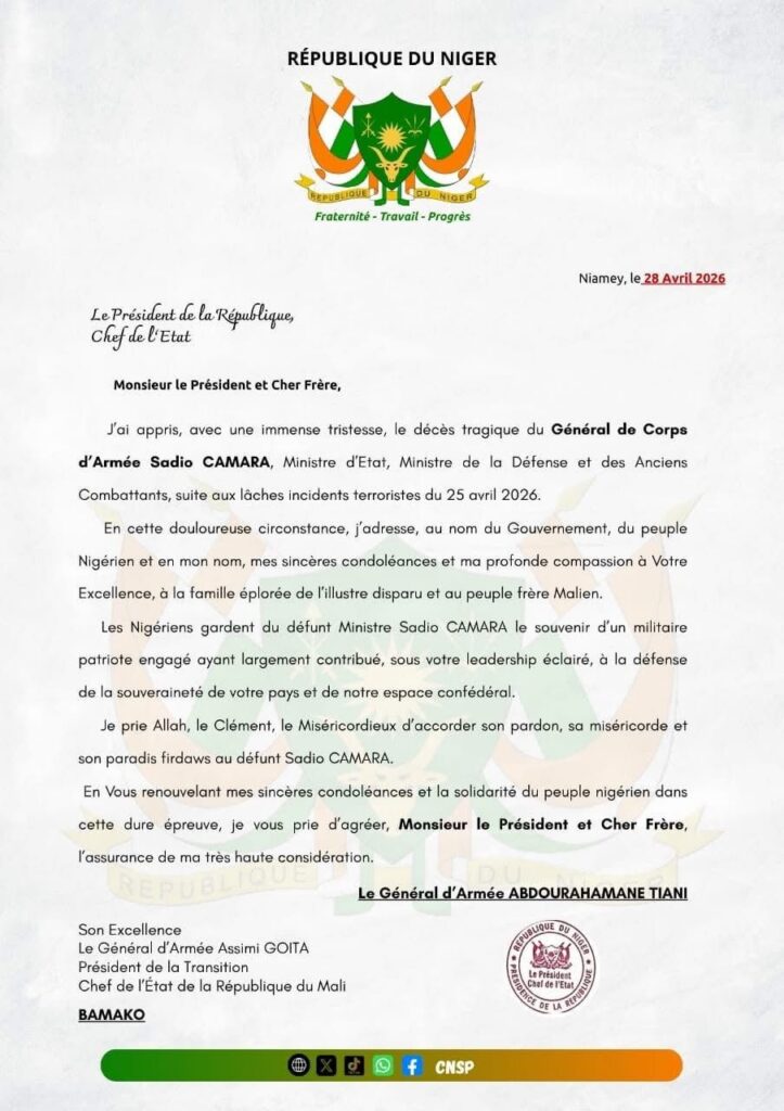 🇳🇪🇲🇱 Niger – Mali : un message de solidarité après la disparition du Général Sadio Camara