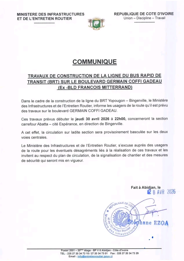 Abidjan / projet BRT : le boulevard Germain Coffi Gadeau entre en chantier dès le 30 avril