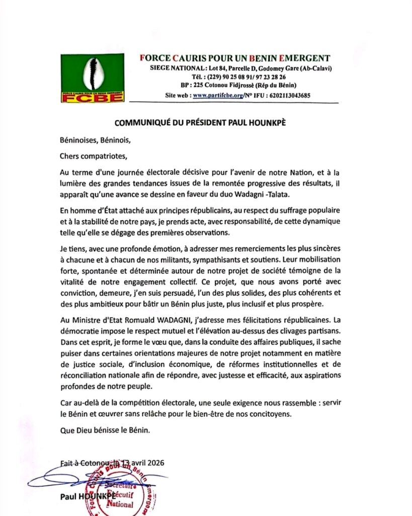 Coup de théâtre après le scrutin : Paul Hounkpè félicite Romuald Wadagni et acte la fin du suspense électoral.