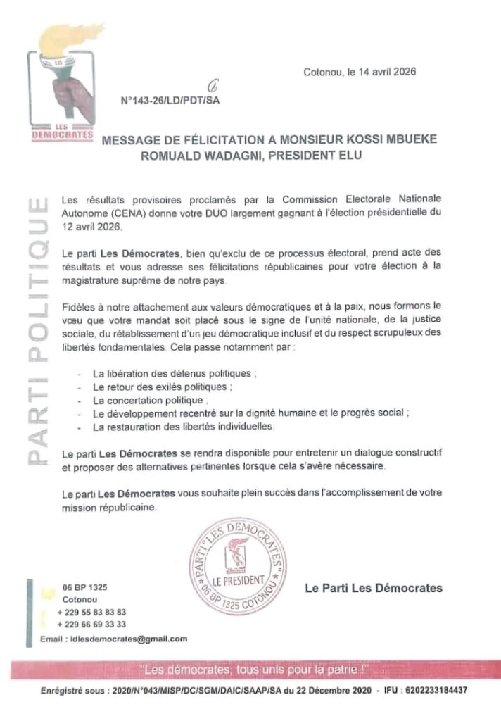 Bénin -Présidentielle 2026 : le parti Les Démocrates félicite le président élu.