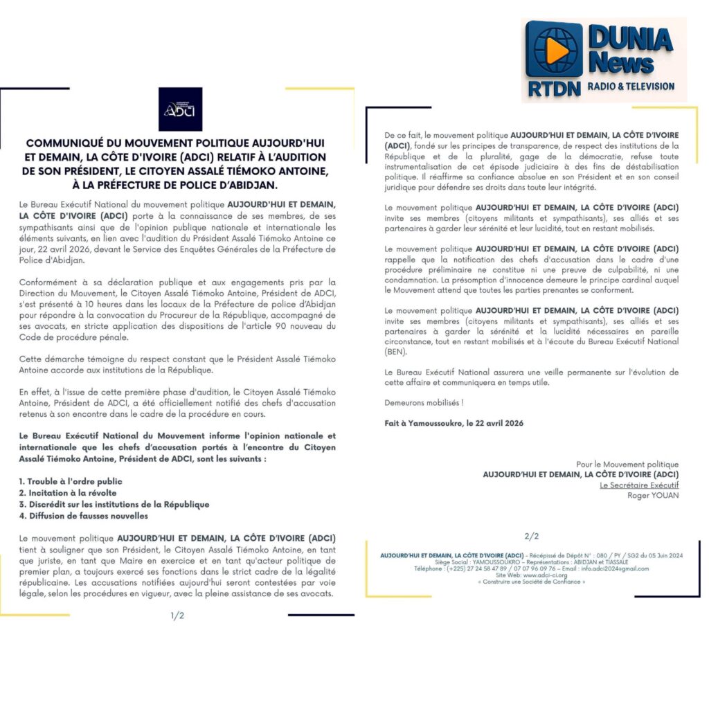 Côte d’Ivoire : Assalé Tiémoko Antoine officiellement notifié de quatre chefs d’accusation.
