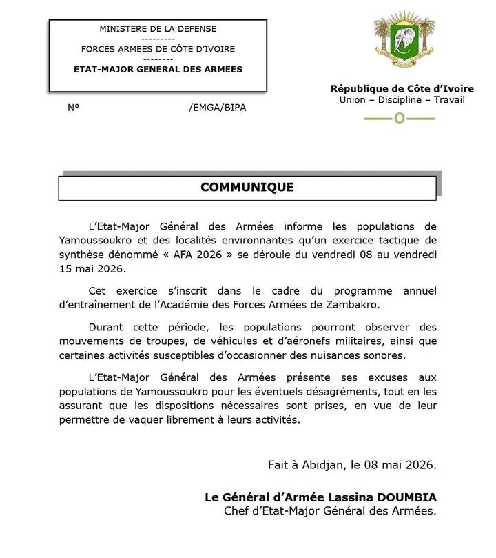 Yamoussoukro : l’armée ivoirienne lance l’exercice tactique “AFA 2026”, des mouvements militaires annoncés jusqu’au 15 mai