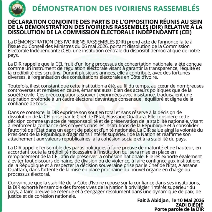 Dissolution de la CEI : la DIR soutient le Président Alassane Ouattara et prône un nouveau départ politique