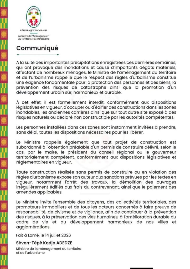 🇹🇬 Inondations au Togo : le gouvernement sévit contre les constructions en zones à risque