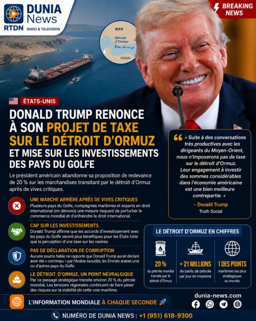 États-Unis : Donald Trump renonce à son projet de taxe sur le détroit d'Ormuz et mise sur les investissements des pays du Golfe