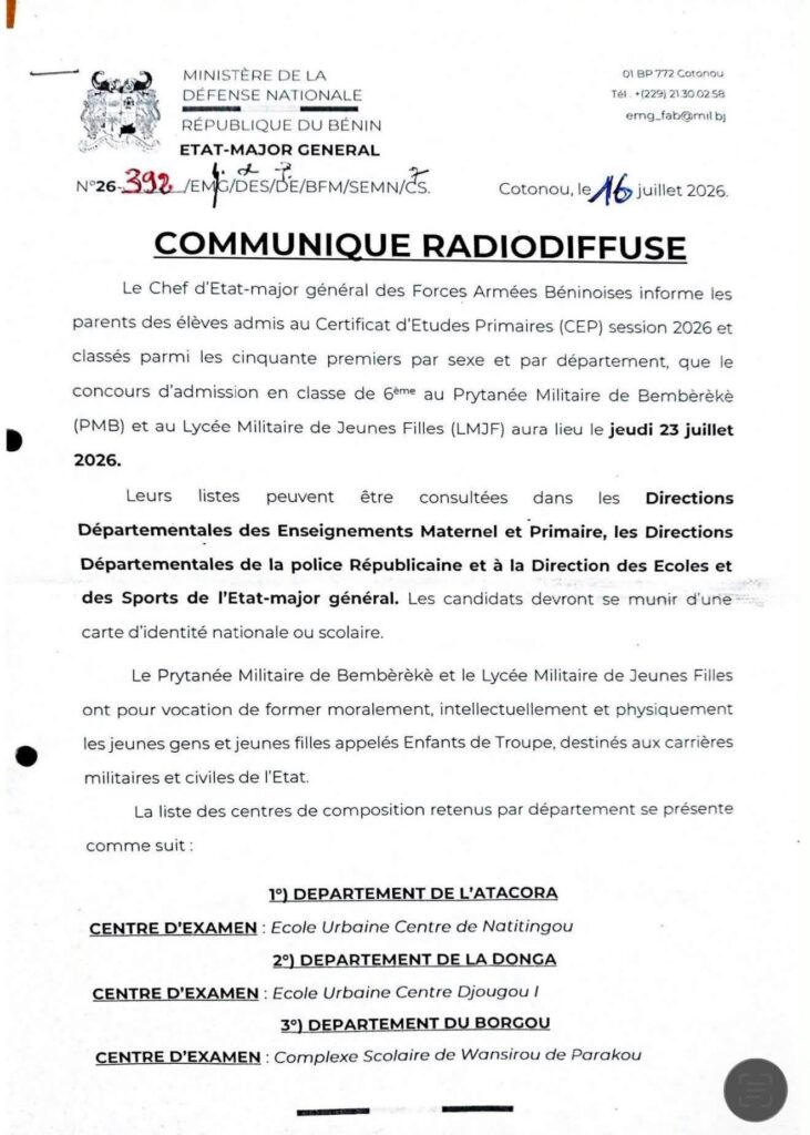🇧🇯 CONCOURS MILITAIRE 2026: Le Prytanée de Bembéréké et le Lycée des Jeunes Filles ouvrent leurs portes