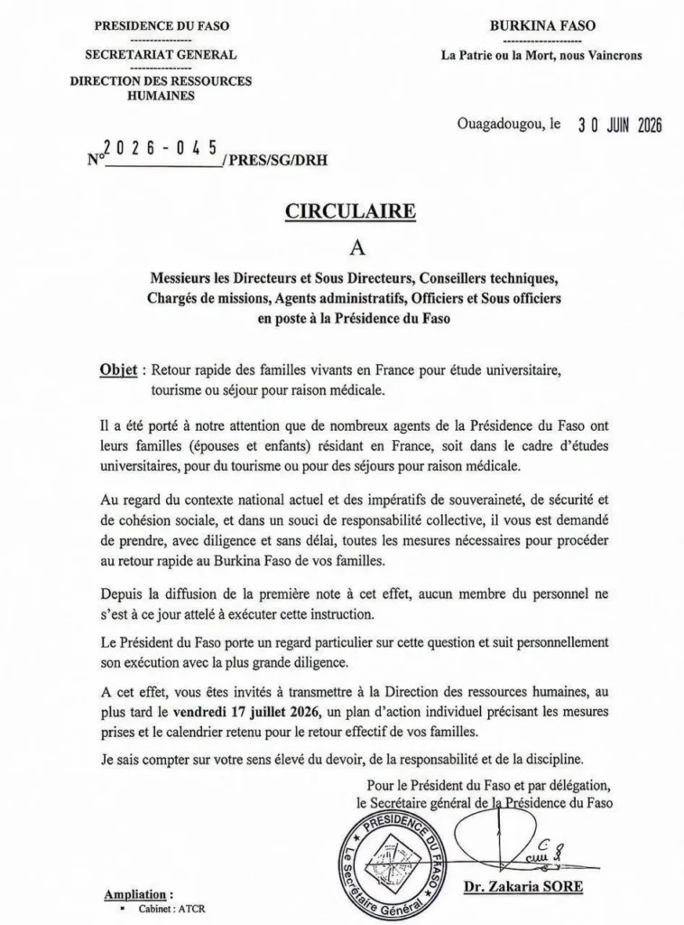 BURKINA FASO : Une prétendue note de la Présidence ordonnant le rapatriement des familles vivant en France suscite la polémique.