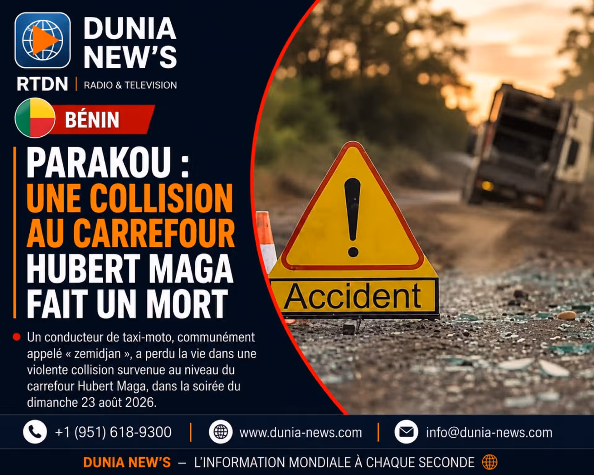 Bénin / Parakou: une collision au carrefour Hubert Maga fait un mort