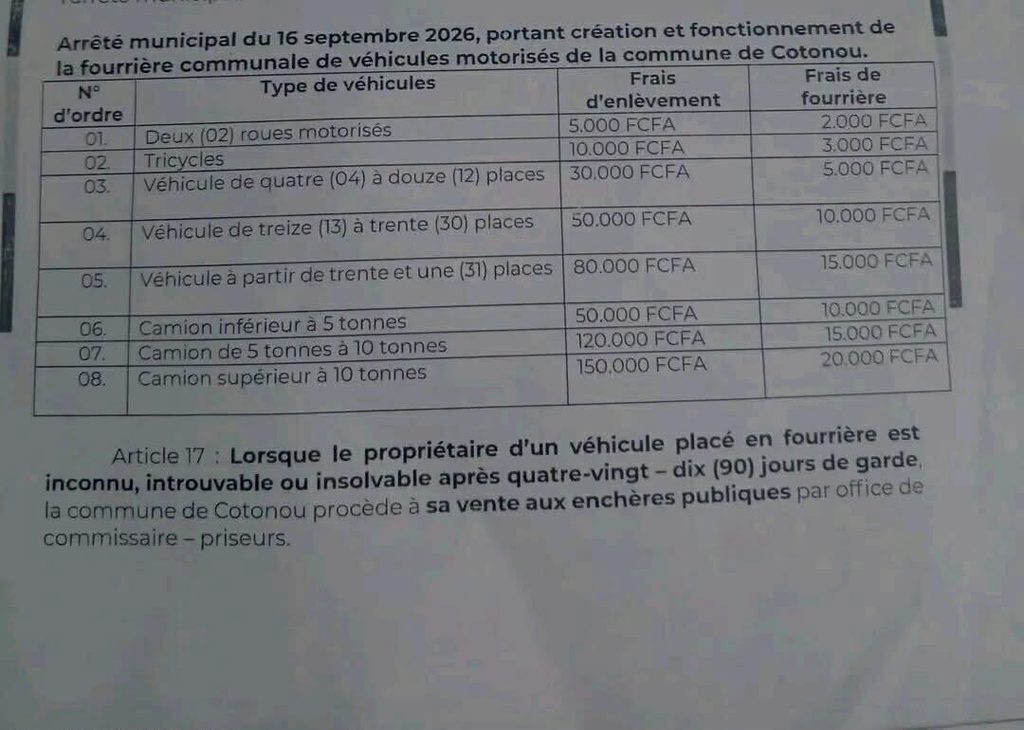 🇧🇯 BÉNIN : la fourrière communale de Cotonou fixe de nouveaux tarifs pour les véhicules